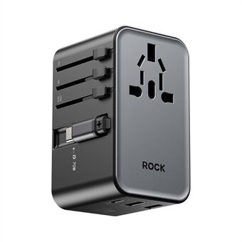 ROCK JY-355MAX PD 70W GaN Reisadapter met Terugtrekbare Kabel, 2 USB-A+USB-C Wandlader