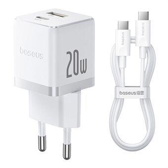 BASEUS Palm USB+Type-C Dual Poort 20W Snellader EU Stekker Wandlaadadapter met 60W Type-C Kabel