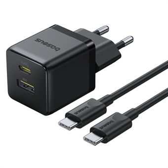 BASEUS Palm Snellader 30W Type-C+USB Dubbele Poort EU Stekker Wandoplaadadapter met 60W Type-C Kabel