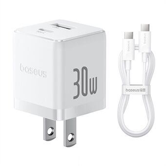 BASEUS Palm Snellader 30W Type-C+USB Dual Poort US Plug Wandoplaadadapter met 60W Type-C Kabel