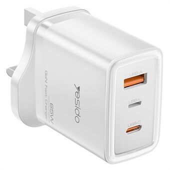 YESIDO YC89 USB-A + iP + Type-C 3-poorts voedingsadapter PD 65W snel opladen wandlader, VK-stekker