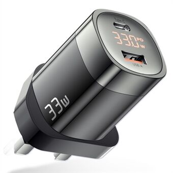 ESSAGER 33W snelladende GaN-lichtnetadapter USB-A + Type-C Dual Port-oplader met digitaal display