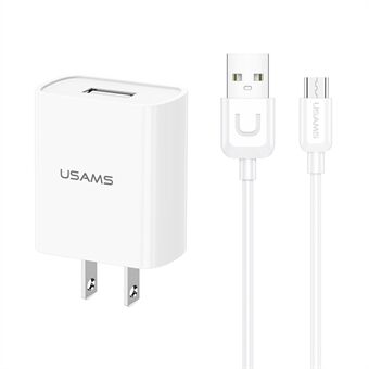 USAMS T21 enkele USB-poort reiswandlader US-stekker voedingsadapter met microkabel - wit