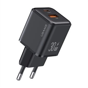 USAMS US-CC189 PD 30W opladeradapter met Type-C + USB-A dubbelpoorts gegalvaniseerde mini draagbare wandoplader (EU-stekker)