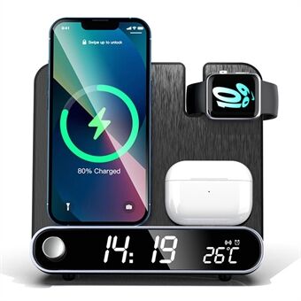 15W Draadloze Oplader 3 in 1 Multifunctioneel Oplaadstation Desktop Oplaadstandaard met Wekkerfunctie voor iPhone iWatch AirPods