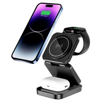 A380 3-in-1 15W Snellader Bureaustandaard Opvouwbare Magnetische Draadloze Oplader Compatibel met iPhone  /  Apple Watch  /  Airpods