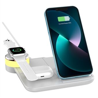 X499 multifunctionele 4-in-1 opvouwbare draadloze oplader 15 W Dual Coil laadstation Dock met kleurrijk licht voor iPhone / iWatch / AirPods (CE-gecertificeerd)