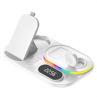 A06 4-in-1 telefoonhorloge Oortelefoon Draadloze oplader Digitale klok 15W Telefoon Draadloze Stand met RGB-licht (voor Samsung Smart Watch)