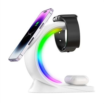 T17 3-in-1 RGB-licht magnetische draadloze oplader voor iPhone 12 / 13 / 14 / 15-serie Desktop Stand Compatibel met MagSafe