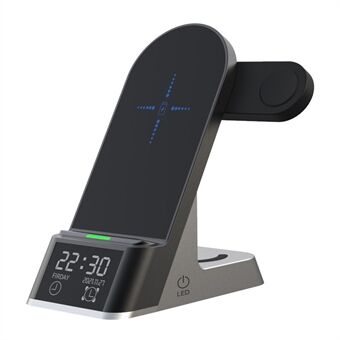 H35 6-in-1 magnetisch draadloos oplaadstation ABS + gehard glas 15W Stand met wekker voor telefoon / horloge / oortelefoon