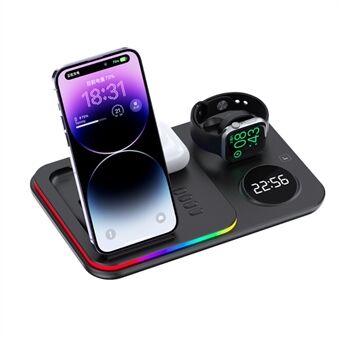 JJT-A82 Opvouwbare mobiele telefoon Draadloze oplader RGB-verlichting Multifunctioneel hoofdtelefoonhorloge Laadstation met klok