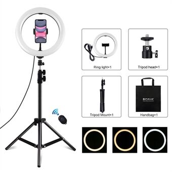 PULUZ PKT3069B 1,1 m statiefbeugel + 10,2" 26 cm dimbare dubbele kleurtemperatuur USB LED- Ring Selfie fotografie Video vullicht met telefoonclip en selfie afstandsbediening