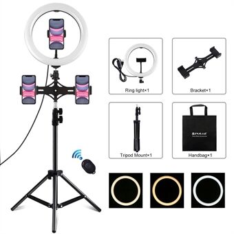 PULUZ PKT3070B Dubbele telefoonbeugel Horizontale houder + 1,1 m statiefbeugel + 10,2 inch 26 cm dimbare LED Ring met twee kleurtemperaturen met telefoonclip en selfie-afstandsbediening