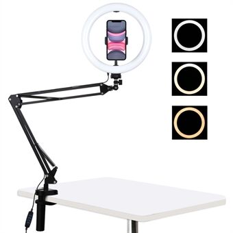 PULUZ 10,2-inch 26 cm Ring + bureauarmstandaard USB 3 standen Dimbaar Dubbele kleurtemperatuur LED Vlogging Stand Videolamp met telefoonclip