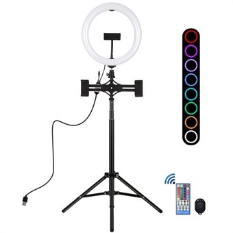 PULUZ 10,2 inch 26 cm RGBW lamp + 1,65 m standbeugel + dubbele telefoonbeugel gebogen oppervlak USB RGBW Dimbare LED Ring Vlogging videolamp Live uitzending set