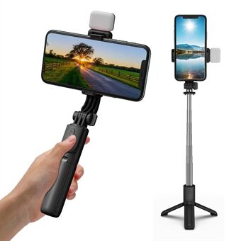 H8s draadloze bluetooth selfie stick opvouwbaar mini statief telescopische monopod met vullicht afstandsbediening voor smartphone - zwart